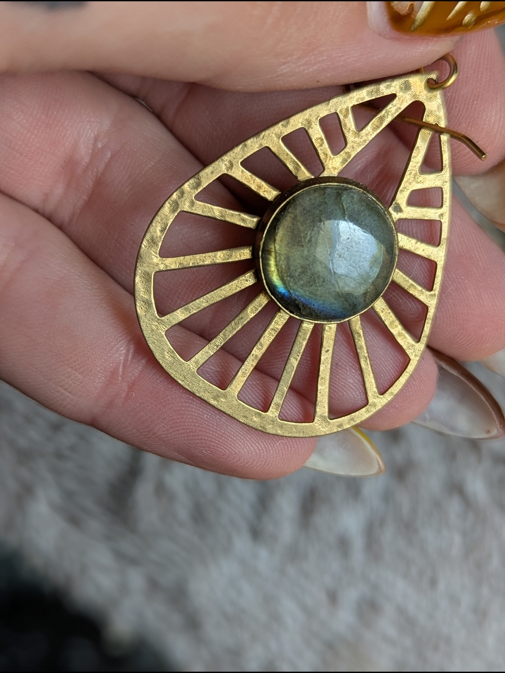 Gold-Tone Teardrop Earrings with Labradorite Center